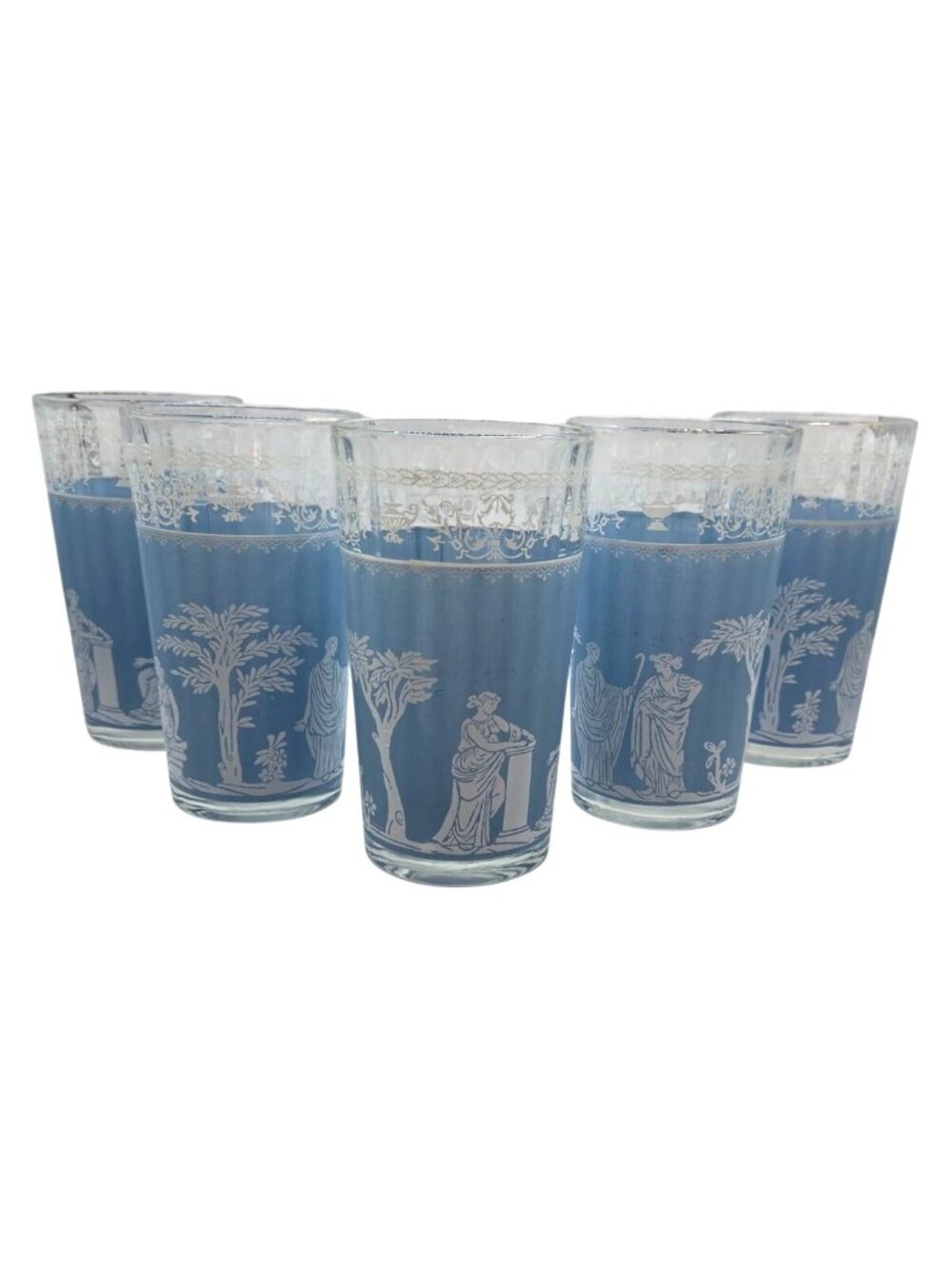 Vtg Jeannette Glass Hellenic Pattern Greek Revival Style Blue White Glasses Set